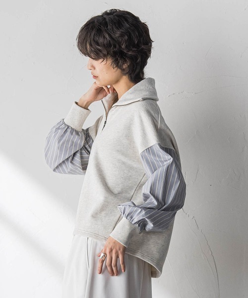 MAYSON GREY(メイソングレイ)の「ストライプスリーブハーフジッププルオーバー≪手洗い可能≫(Tシャツ/カットソー・レディース・オフホワイト/ネイビー・M)」の4枚目の写真
