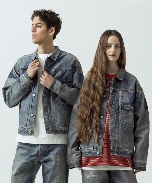 SLICK(スリック)の「【SLICK/スリック】Trompe-l'oeil Denim 1st Type Tracker Jacket/トロンプロイユ1STタイプデニムジャケット/ヴィンテージ/プリントデニム(デニムジャケット・メンズ・インディゴブルー・1/3/2)」の1枚目の写真