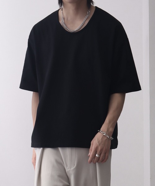 welise(ウェライズ)の「【welise/ウェライズ】シルケットライクスムースコットン ボクシーショート UネックTシャツ/接触冷感 UVカット(Tシャツ/カットソー・メンズ・ブルー/ブラック系その他/ブラック/ホワイト・L/M/S)」の2枚目の写真