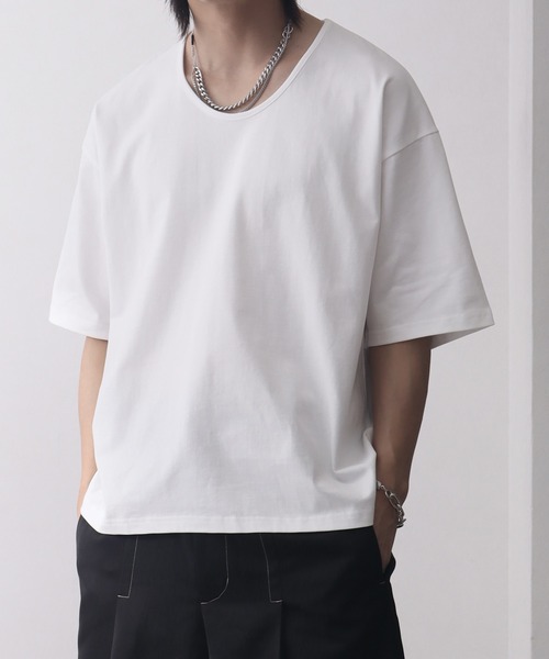 welise(ウェライズ)の「【welise/ウェライズ】シルケットライクスムースコットン ボクシーショート UネックTシャツ/接触冷感 UVカット(Tシャツ/カットソー・メンズ・ブルー/ブラック系その他/ブラック/ホワイト・L/M/S)」の8枚目の写真