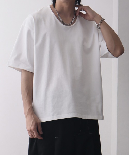 welise(ウェライズ)の「【welise/ウェライズ】シルケットライクスムースコットン ボクシーショート UネックTシャツ/接触冷感 UVカット(Tシャツ/カットソー・メンズ・ブルー/ブラック系その他/ブラック/ホワイト・L/M/S)」の9枚目の写真