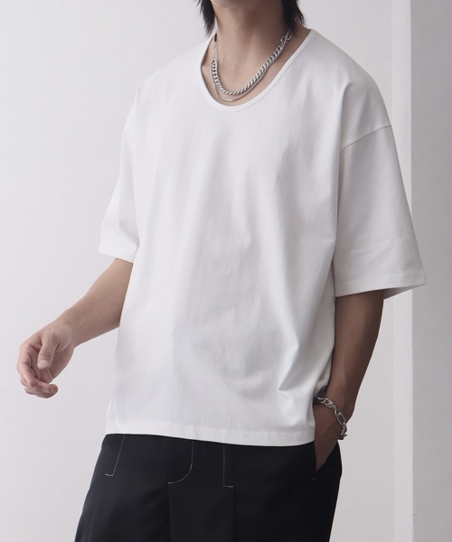 welise(ウェライズ)の「【welise/ウェライズ】シルケットライクスムースコットン ボクシーショート UネックTシャツ/接触冷感 UVカット(Tシャツ/カットソー・メンズ・ブルー/ブラック系その他/ブラック/ホワイト・L/M/S)」の11枚目の写真