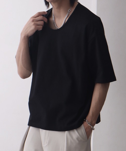 welise(ウェライズ)の「【welise/ウェライズ】シルケットライクスムースコットン ボクシーショート UネックTシャツ/接触冷感 UVカット(Tシャツ/カットソー・メンズ・ブルー/ブラック系その他/ブラック/ホワイト・L/M/S)」の14枚目の写真