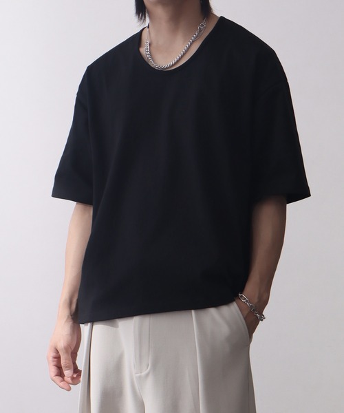 welise(ウェライズ)の「【welise/ウェライズ】シルケットライクスムースコットン ボクシーショート UネックTシャツ/接触冷感 UVカット(Tシャツ/カットソー・メンズ・ブルー/ブラック系その他/ブラック/ホワイト・L/M/S)」の16枚目の写真