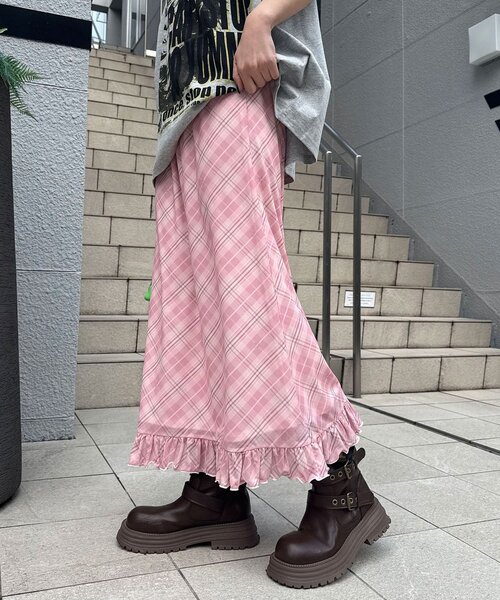 CIAOPANIC（チャオパニック）の「バイヤスチェックシアーIライン裾フリルスカート（スカート・レディース・ピンク/グリーン/アイボリー・ONE SIZE）」の3枚目の写真