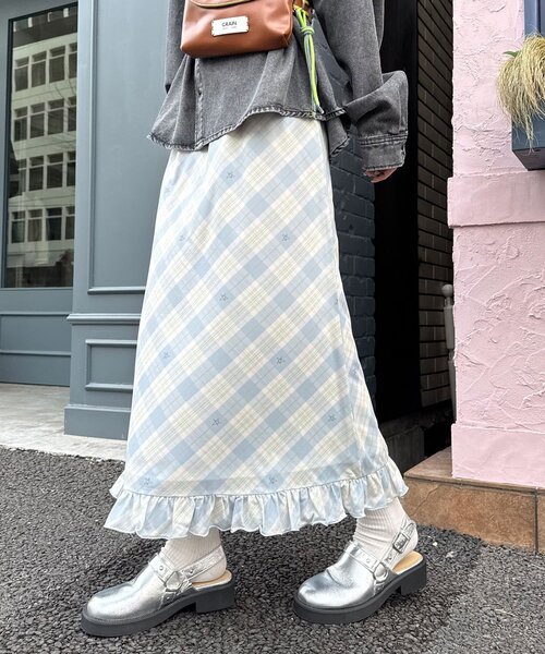 CIAOPANIC（チャオパニック）の「バイヤスチェックシアーIライン裾フリルスカート（スカート・レディース・ピンク/グリーン/アイボリー・ONE SIZE）」の2枚目の写真