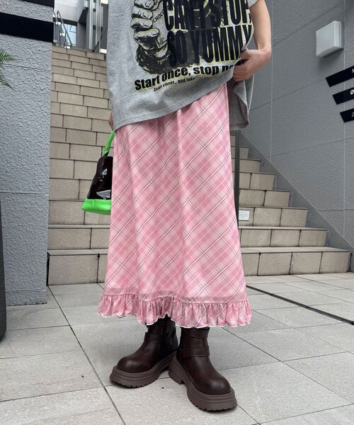 CIAOPANIC（チャオパニック）の「バイヤスチェックシアーIライン裾フリルスカート（スカート・レディース・ピンク/グリーン/アイボリー・ONE SIZE）」の12枚目の写真