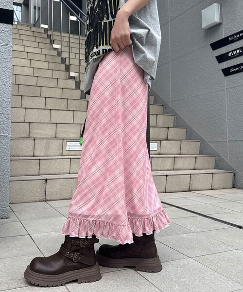 CIAOPANIC（チャオパニック）の「バイヤスチェックシアーIライン裾フリルスカート（スカート・レディース・ピンク/グリーン/アイボリー・ONE SIZE）」の14枚目の写真