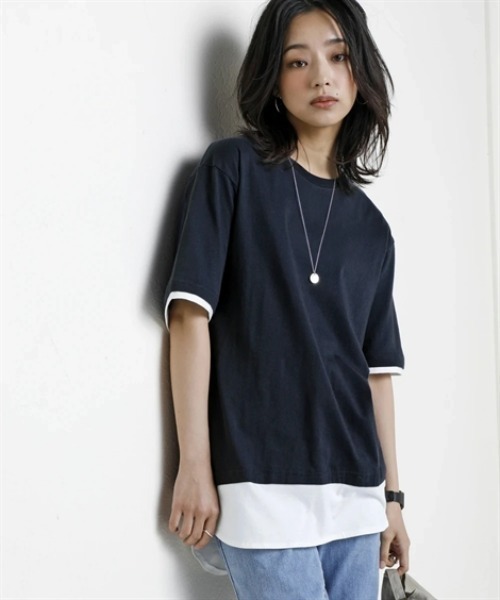 nissen(ニッセン)の「綿100%汗染みしにくい5分袖重ね着風チュニック<大きいサイズ有>(その他トップス・レディース・カーキ/ブラック/グレー系/ネイビー・3L/LL/L/M/S)」の4枚目の写真