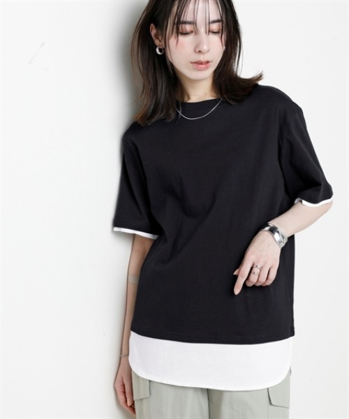 nissen(ニッセン)の「綿100%汗染みしにくい5分袖重ね着風チュニック<大きいサイズ有>(その他トップス・レディース・カーキ/ブラック/グレー系/ネイビー・3L/LL/L/M/S)」の1枚目の写真