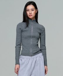 WOMEN FITTED CABLE ZIP KNIT - GRAY