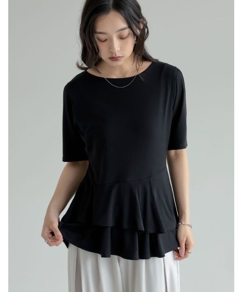 Re:EDIT（リエディ）の「[2026 SUMMER COLLECTION][接触冷感]アシンメトリーペプラム半袖トップス（Tシャツ/カットソー・レディース・ブラック/アイボリー/モカ・MEDIUM/LARGE）」の4枚目の写真
