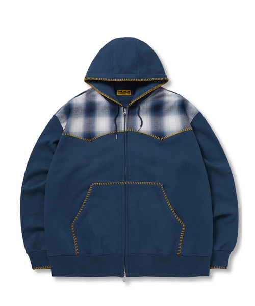 Blanket Stitch Check Hoodie Zip-Up (DARK BLUE)