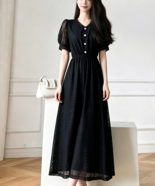 LUCPY(ラクピー)の「レース切替パフスリーブロングワンピース(ワンピース・レディース・ブラック/ホワイト・X-LARGE/LARGE/MEDIUM/SMALL)」の2枚目の写真
