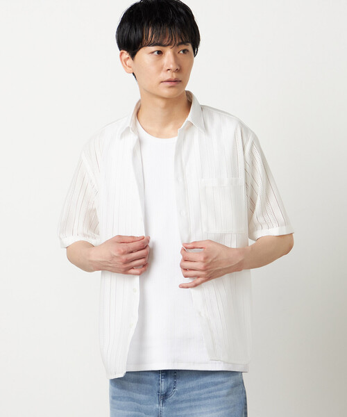 COMME CA ISM(コムサイズム)の「トリコットレース ショートポイントカラー 半袖シャツ(シャツ/ブラウス・メンズ・ブラック/ホワイト・LARGE/MEDIUM)」の1枚目の写真