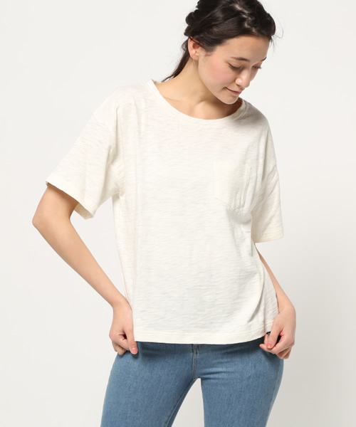 OUTLET(アウトレット)の「【Discoat Parisien】粗杢ポケ付T(Tシャツ/カットソー・レディース・オフホワイト/チャコールグレー/杢グレー・FREE)」の1枚目の写真
