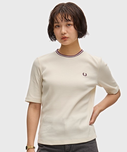 FRED PERRY(フレッドペリー)の「Twin Tipped Ribbed T-Shirt/ツインティップリブTシャツ(Tシャツ/カットソー・レディース・ブラック/ベージュ・10/8)」の1枚目の写真