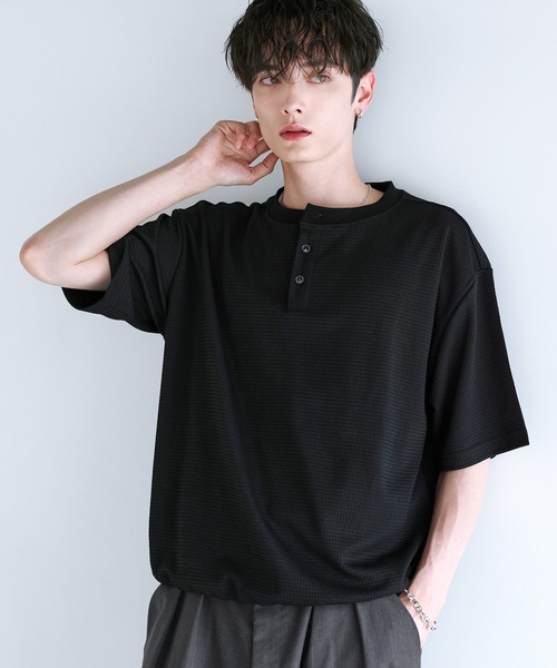 ETELIO(エテリオ)の「ワッフルヘンリーネックドローコードTシャツ(Tシャツ/カットソー・メンズ・チャコール/グレー/ブラック・L/M/XL/S)」の7枚目の写真