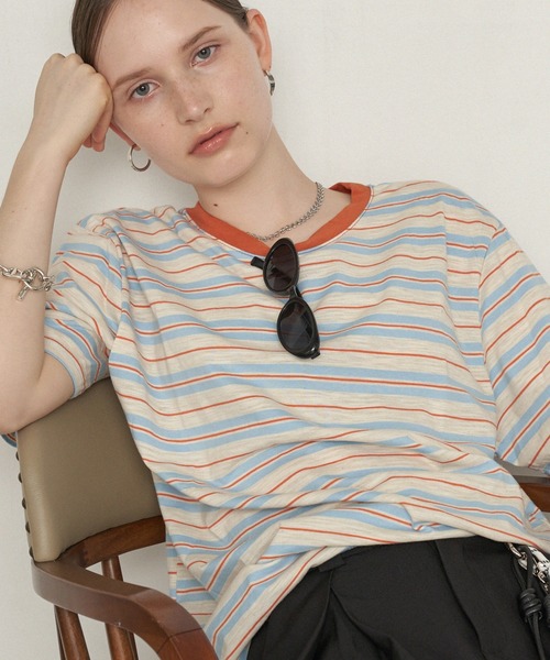 uchi.(ウチ)の「配色マルチボーダーリンガーTシャツ(Tシャツ/カットソー・レディース・オレンジ系その他/ブラウン系その他/グリーン系その他・FREE)」の1枚目の写真