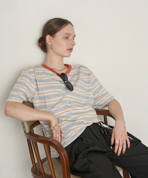 uchi.(ウチ)の「配色マルチボーダーリンガーTシャツ(Tシャツ/カットソー・レディース・オレンジ系その他/ブラウン系その他/グリーン系その他・FREE)」の6枚目の写真