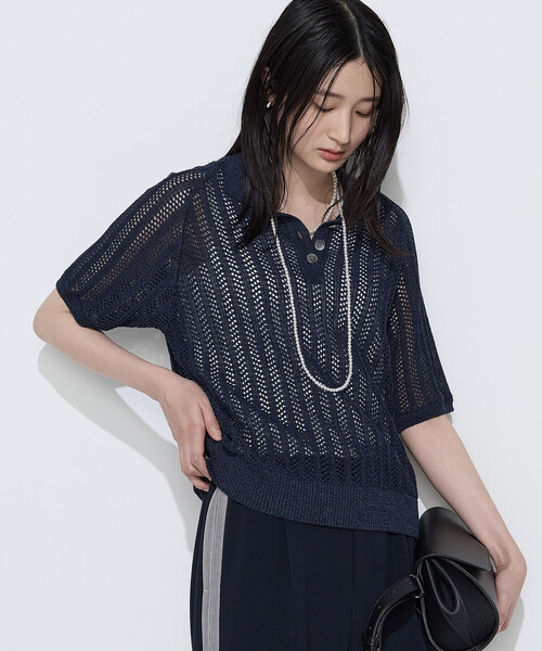 COMME CA(コムサ)の「美濃和紙 透かしニットポロ(ニット/セーター・レディース・キナリ/ネイビー・9号)」の1枚目の写真