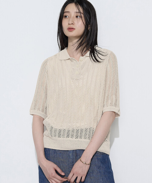 COMME CA(コムサ)の「美濃和紙 透かしニットポロ(ニット/セーター・レディース・キナリ/ネイビー・9号)」の2枚目の写真