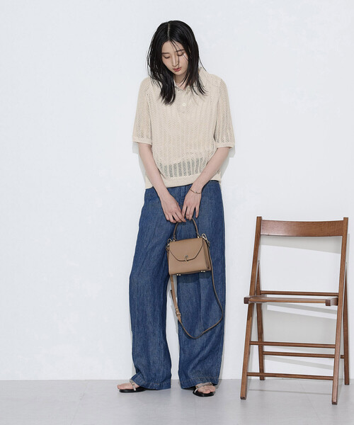 COMME CA(コムサ)の「美濃和紙 透かしニットポロ(ニット/セーター・レディース・キナリ/ネイビー・9号)」の3枚目の写真