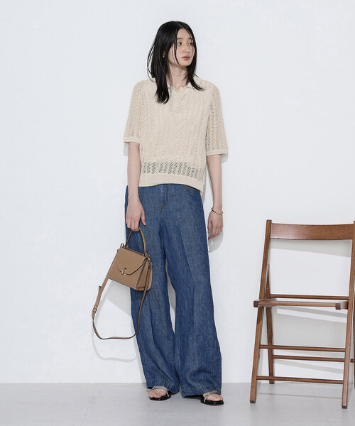 COMME CA(コムサ)の「美濃和紙 透かしニットポロ(ニット/セーター・レディース・キナリ/ネイビー・9号)」の4枚目の写真