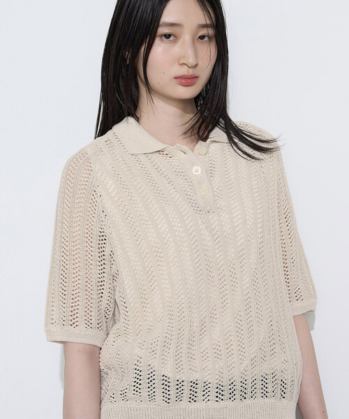 COMME CA(コムサ)の「美濃和紙 透かしニットポロ(ニット/セーター・レディース・キナリ/ネイビー・9号)」の5枚目の写真