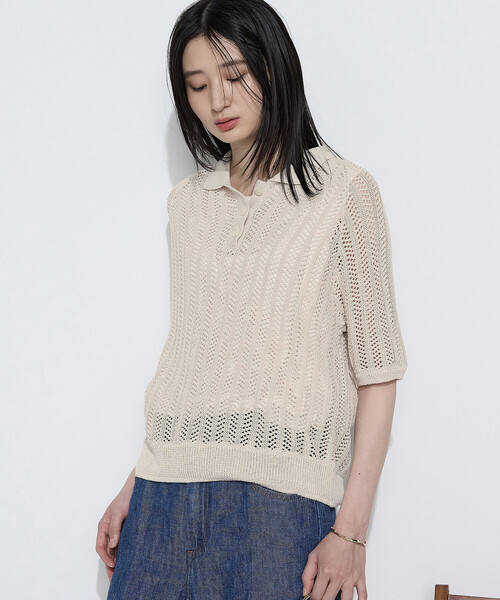 COMME CA(コムサ)の「美濃和紙 透かしニットポロ(ニット/セーター・レディース・キナリ/ネイビー・9号)」の6枚目の写真
