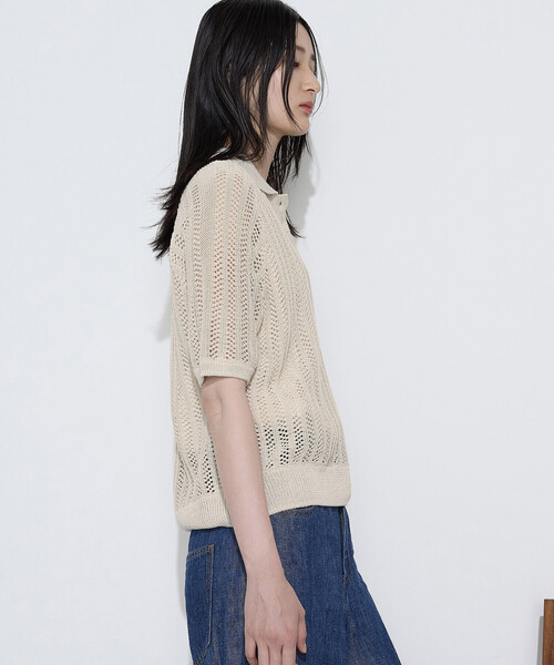 COMME CA(コムサ)の「美濃和紙 透かしニットポロ(ニット/セーター・レディース・キナリ/ネイビー・9号)」の7枚目の写真
