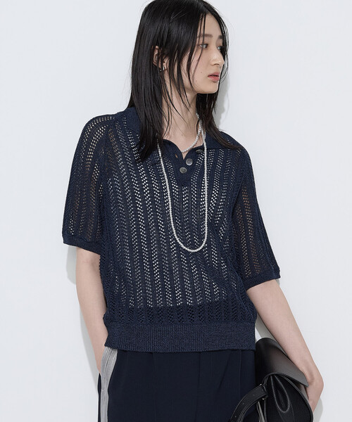COMME CA(コムサ)の「美濃和紙 透かしニットポロ(ニット/セーター・レディース・キナリ/ネイビー・9号)」の11枚目の写真