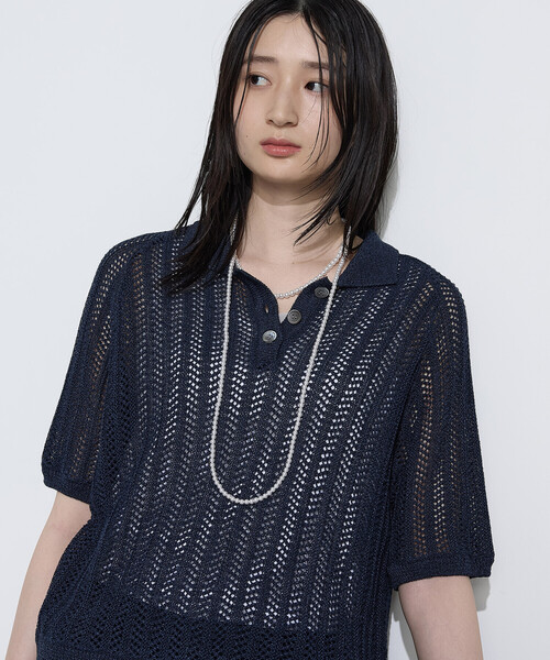 COMME CA(コムサ)の「美濃和紙 透かしニットポロ(ニット/セーター・レディース・キナリ/ネイビー・9号)」の14枚目の写真