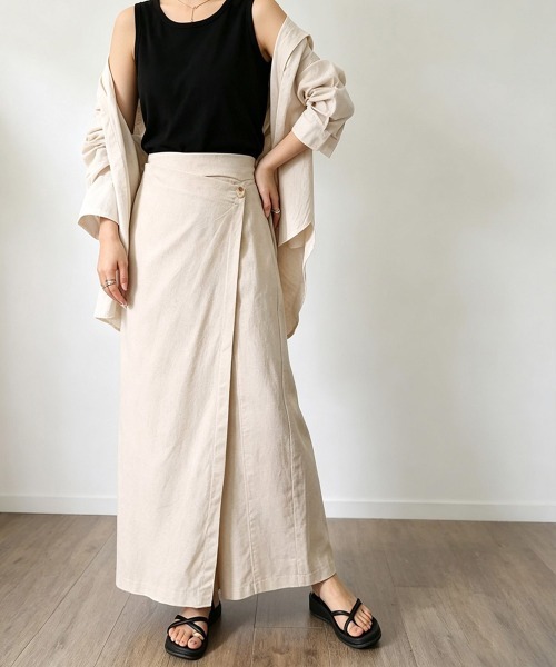 Miniministore（ミニミニストア）の「ラップパンツリネンライクワイドパンツ春夏（チノパンツ・レディース・ブラック/カーキ/アイボリー/モカ・M/L）」の2枚目の写真