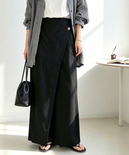 Miniministore（ミニミニストア）の「ラップパンツリネンライクワイドパンツ春夏（チノパンツ・レディース・ブラック/カーキ/アイボリー/モカ・M/L）」の3枚目の写真