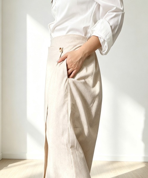 Miniministore（ミニミニストア）の「ラップパンツリネンライクワイドパンツ春夏（チノパンツ・レディース・ブラック/カーキ/アイボリー/モカ・M/L）」の20枚目の写真