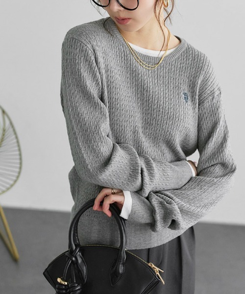 U.S. POLO ASSN.(ユーエスポロアッスン)の「U.S. POLO ASSN. クルーネックケーブルニット(ニット/セーター・レディース・ネイビー/レッド系その他/オフホワイト/ブラウン系その他/杢グレー・LL/L/M)」の14枚目の写真