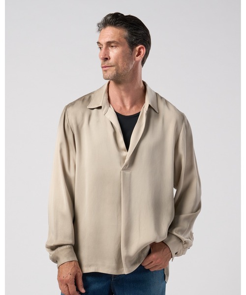 wjk(ダヴルジェイケイ)の「cupro vintage pull-over skipper shirt L/S(シャツ/ブラウス・メンズ・ブラック/ダークカーキ/ダークベージュ・X-LARGE/LARGE/MEDIUM/SMALL)」の6枚目の写真