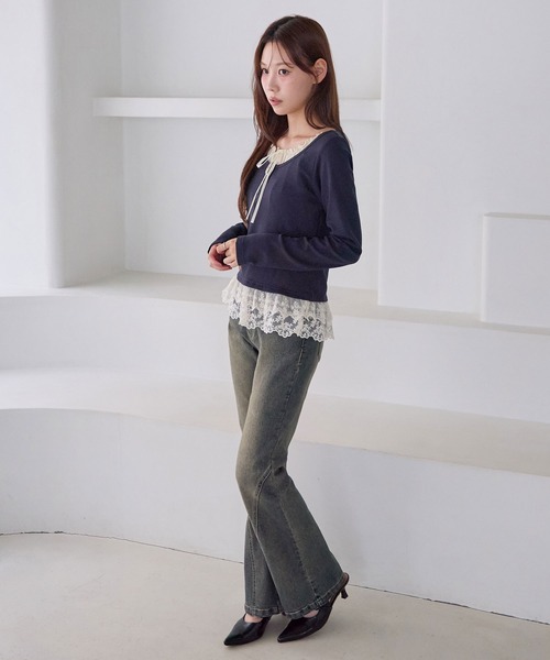 CHAN ME(チャンミ)の「裾ティアードレースフリルレイヤード風長袖トップス(Tシャツ/カットソー・レディース・ネイビー/ブラック/アイボリー・MEDIUM/LARGE/X-LARGE)」の6枚目の写真