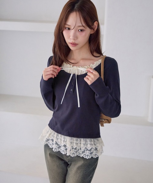 CHAN ME(チャンミ)の「裾ティアードレースフリルレイヤード風長袖トップス(Tシャツ/カットソー・レディース・ネイビー/ブラック/アイボリー・MEDIUM/LARGE/X-LARGE)」の7枚目の写真
