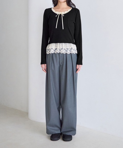 CHAN ME(チャンミ)の「裾ティアードレースフリルレイヤード風長袖トップス(Tシャツ/カットソー・レディース・ネイビー/ブラック/アイボリー・MEDIUM/LARGE/X-LARGE)」の14枚目の写真