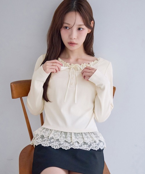 CHAN ME(チャンミ)の「裾ティアードレースフリルレイヤード風長袖トップス(Tシャツ/カットソー・レディース・ネイビー/ブラック/アイボリー・MEDIUM/LARGE/X-LARGE)」の17枚目の写真