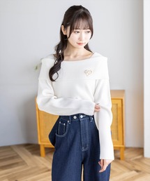 ブローチ付きオフショルニットトップス［骨格ウェーブ／上品／デート］