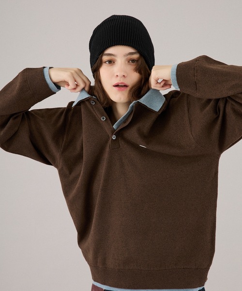 ONCILY(オンシェリー)の「LAYERED DOUBLE COLLAR KNIT POLO / レイヤードダブル襟ニットポロ(ニット/セーター・メンズ・チャコールグレー/ベージュ/ネイビー/ブラウン・SMALL/MEDIUM/LARGE)」の5枚目の写真