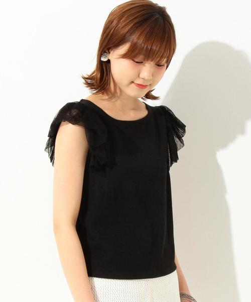 Another Edition（アナザーエディション）の「ドットチュールスリーブTシャツ/ AEBFC　DOT チュール SL T◆（Tシャツ/カットソー・レディース・オフホワイト/ブラック/ピンク・フリー）」の2枚目の写真