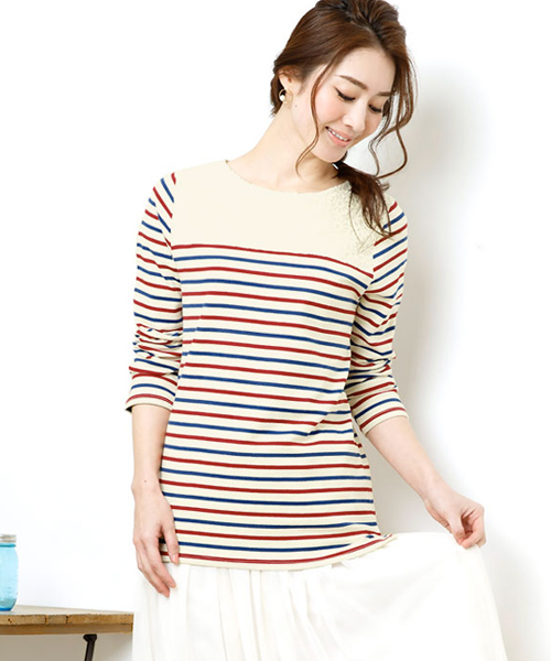 Pierrot（ピエロ）の「【しっかり生地が魅力！王道のボーダーロンT】3typeボーダー地厚カットソートップス（Tシャツ/カットソー・レディース・ネイビー/ホワイト×レッド/グレー系その他/グレー×ホワイト/ブルー系その他2/その他/ホワイト系その他/レッド系その他/トリコロール/ホワイト×ネイビー/グレー系その他2/ブルー系その他・M/L）」の12枚目の写真