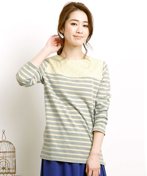 Pierrot（ピエロ）の「【しっかり生地が魅力！王道のボーダーロンT】3typeボーダー地厚カットソートップス（Tシャツ/カットソー・レディース・ネイビー/ホワイト×レッド/グレー系その他/グレー×ホワイト/ブルー系その他2/その他/ホワイト系その他/レッド系その他/トリコロール/ホワイト×ネイビー/グレー系その他2/ブルー系その他・M/L）」の7枚目の写真