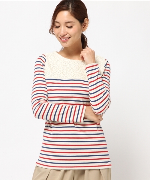 Pierrot（ピエロ）の「【しっかり生地が魅力！王道のボーダーロンT】3typeボーダー地厚カットソートップス（Tシャツ/カットソー・レディース・ネイビー/ホワイト×レッド/グレー系その他/グレー×ホワイト/ブルー系その他2/その他/ホワイト系その他/レッド系その他/トリコロール/ホワイト×ネイビー/グレー系その他2/ブルー系その他・M/L）」の21枚目の写真