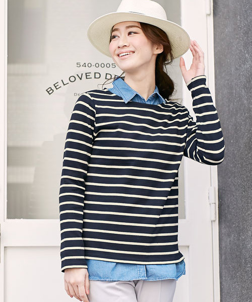 Pierrot（ピエロ）の「【しっかり生地が魅力！王道のボーダーロンT】3typeボーダー地厚カットソートップス（Tシャツ/カットソー・レディース・ネイビー/ホワイト×レッド/グレー系その他/グレー×ホワイト/ブルー系その他2/その他/ホワイト系その他/レッド系その他/トリコロール/ホワイト×ネイビー/グレー系その他2/ブルー系その他・M/L）」の13枚目の写真