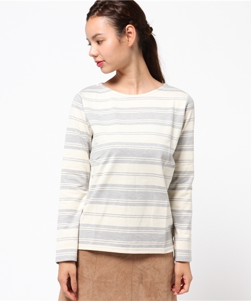 Pierrot（ピエロ）の「【しっかり生地が魅力！王道のボーダーロンT】3typeボーダー地厚カットソートップス（Tシャツ/カットソー・レディース・ネイビー/ホワイト×レッド/グレー系その他/グレー×ホワイト/ブルー系その他2/その他/ホワイト系その他/レッド系その他/トリコロール/ホワイト×ネイビー/グレー系その他2/ブルー系その他・M/L）」の14枚目の写真